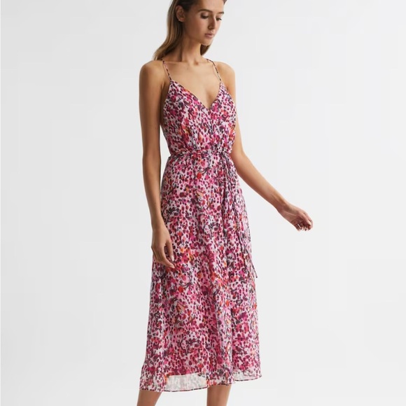 Reiss Pippa Floral Printed Midi Dress in Pink Size 4P NWT - Picture 1 of 11